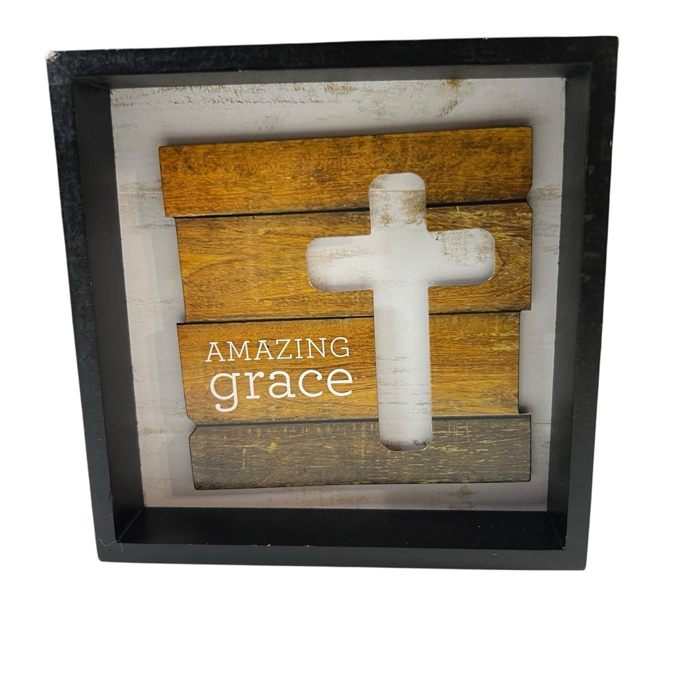 Amazing Grace Cross Desk Décor –‎ Rustic Christian Shadow Box Sign 5x5
